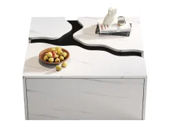 Mesa de centro com revestimento em mármore para sala de estar - 70 x 70 x 31 cm - design geométrico - com gaveta - aglomerado - branca