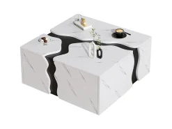 Mesa de centro com revestimento em mármore para sala de estar - 70 x 70 x 31 cm - design geométrico - com gaveta - aglomerado - branca