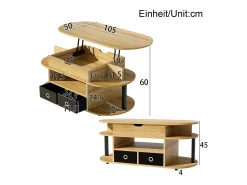 Mesa de centro com tampo elevatório e 2 gavetas revestidas a tecido preto - Acabamento em imitação de madeira - Cor natural clara