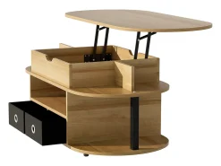 Mesa de centro com tampo elevatório e 2 gavetas revestidas a tecido preto - Acabamento em imitação de madeira - Cor natural clara