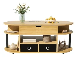 Mesa de centro com tampo elevatório e 2 gavetas revestidas a tecido preto - Acabamento em imitação de madeira - Cor natural clara