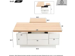 Mesa de centro com tampo elevatório e 2 portas - 2 prateleiras ajustáveis ​​- Branco + natural