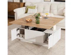Mesa de centro com tampo elevatório e 2 portas - 2 prateleiras ajustáveis ​​- Branco + natural
