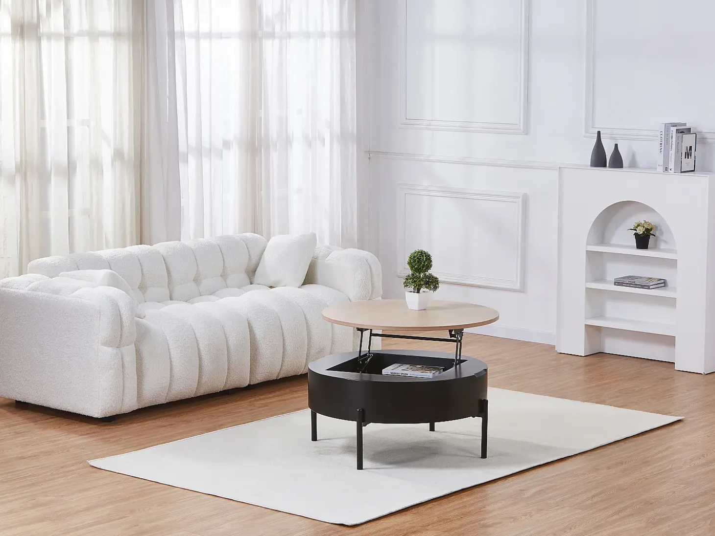 Mesa de centro com tampo elevável em MDF e metal - Preto e natural - NIMORA