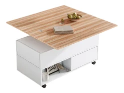 Mesa de centro com tampo elevatório, 4 gavetas e 4 rodízios - Branco + natural
