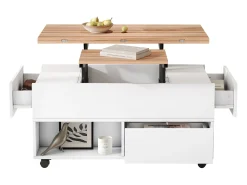 Mesa de centro com tampo elevatório, 4 gavetas e 4 rodízios - Branco + natural