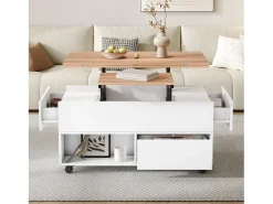 Mesa de centro com tampo elevatório, 4 gavetas e 4 rodízios - Branco + natural