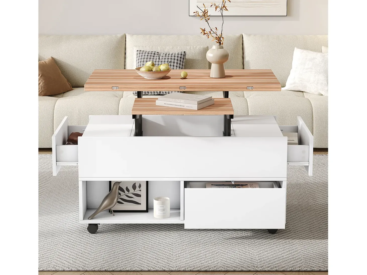 Mesa de centro com tampo elevatório, 4 gavetas e 4 rodízios - Branco + natural