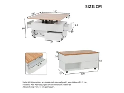 Mesa de centro com tampo elevatório, 4 gavetas e 4 rodízios - Branco + natural