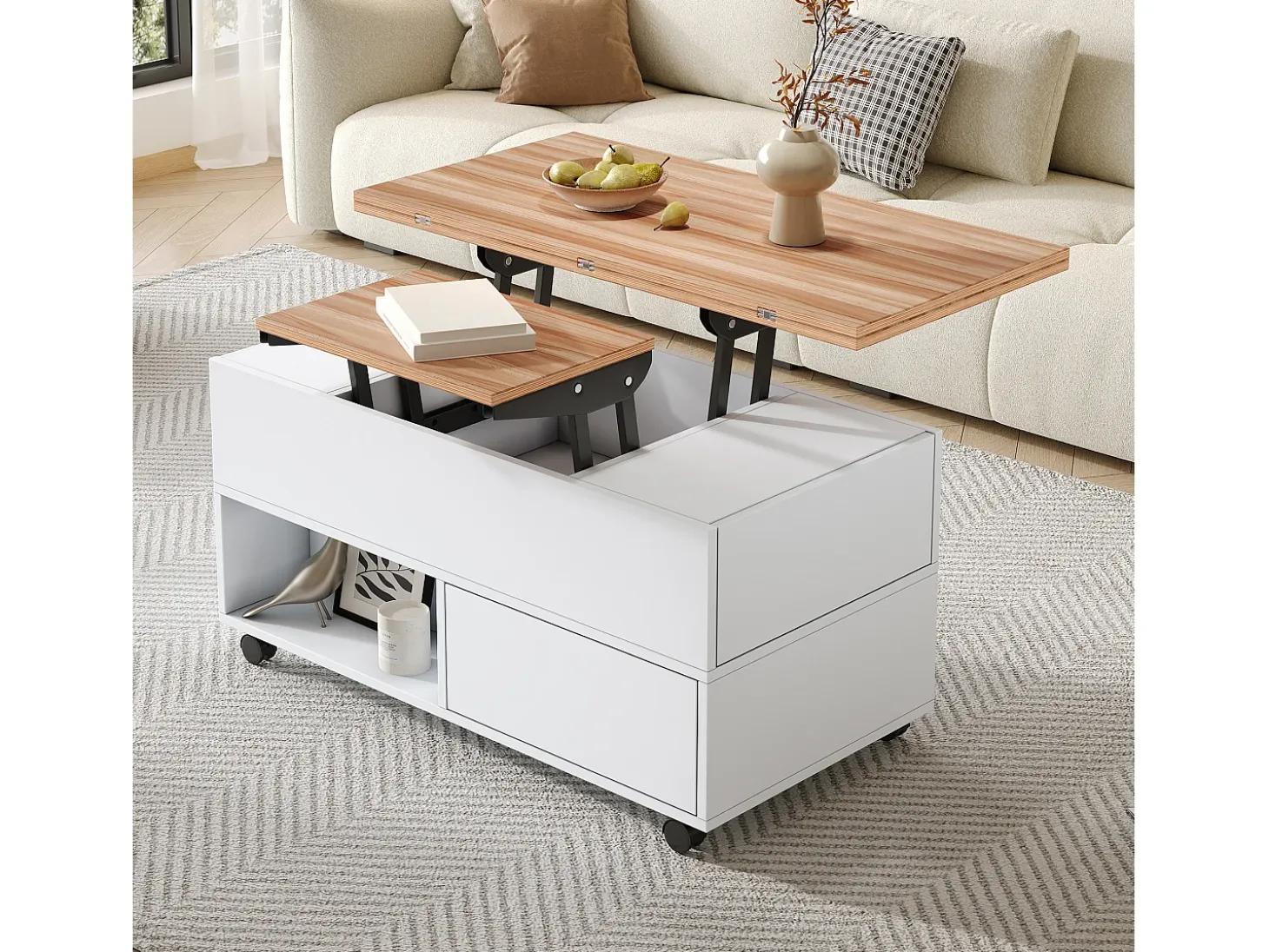 Mesa de centro com tampo elevatório, 4 gavetas e 4 rodízios - Branco + natural