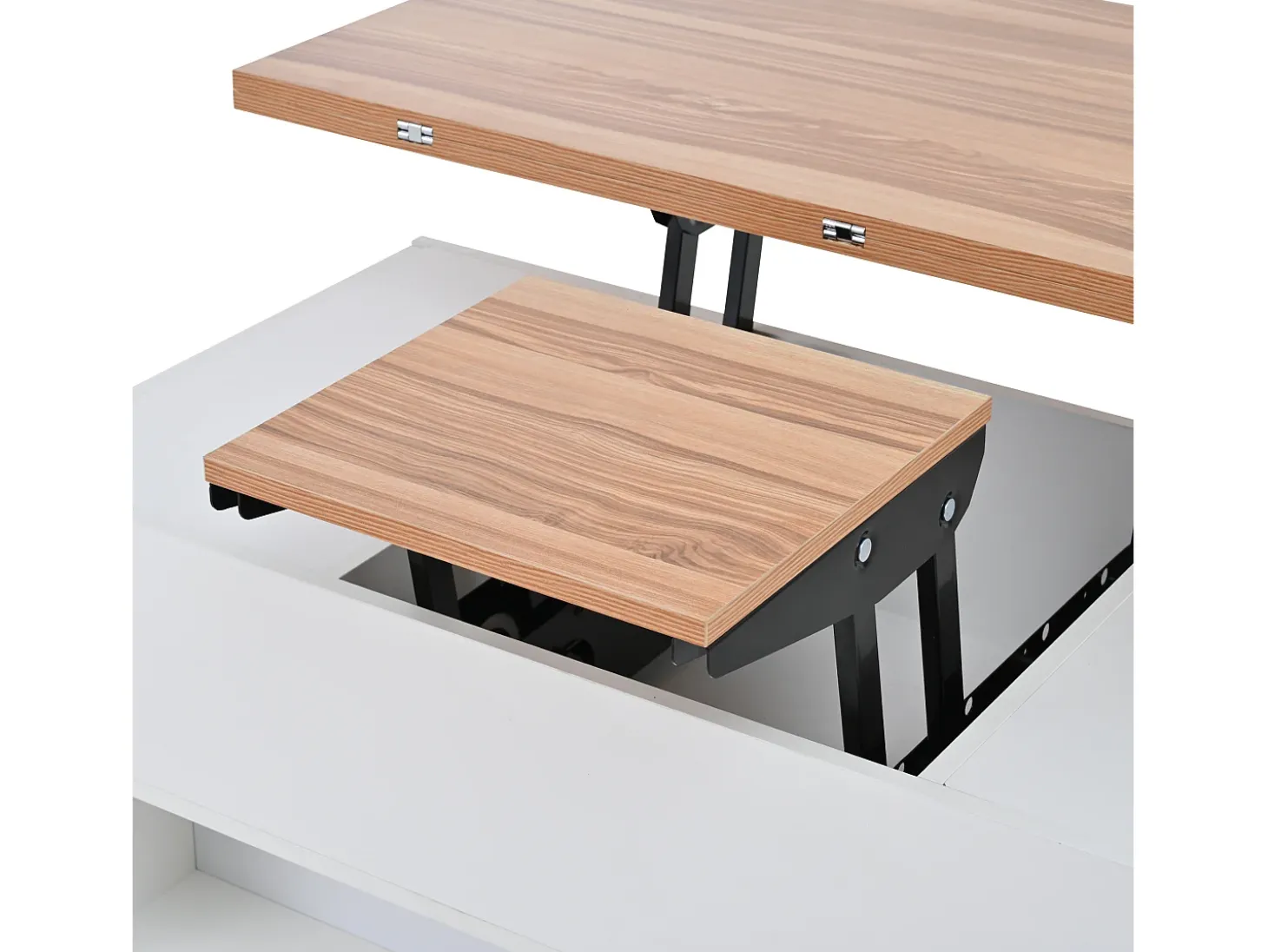 Mesa de centro com tampo elevatório, 4 gavetas e 4 rodízios - Branco + natural
