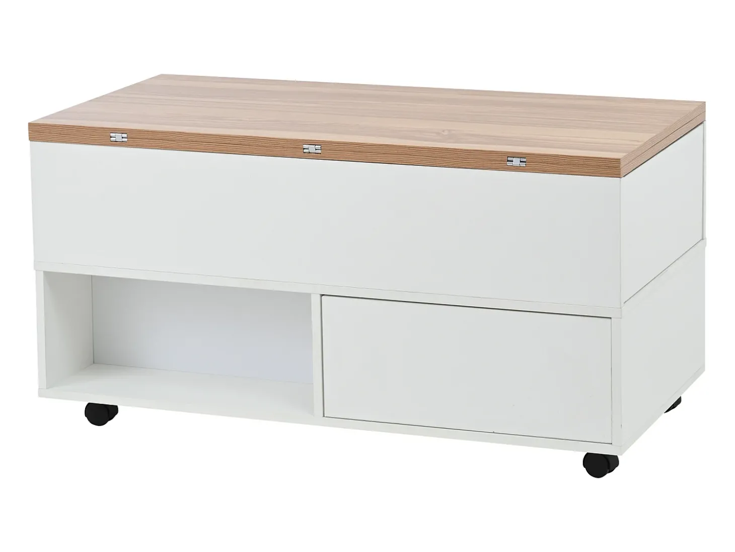Mesa de centro com tampo elevatório, 4 gavetas e 4 rodízios - Branco + natural
