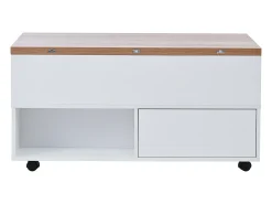 Mesa de centro com tampo elevatório, 4 gavetas e 4 rodízios - Branco + natural