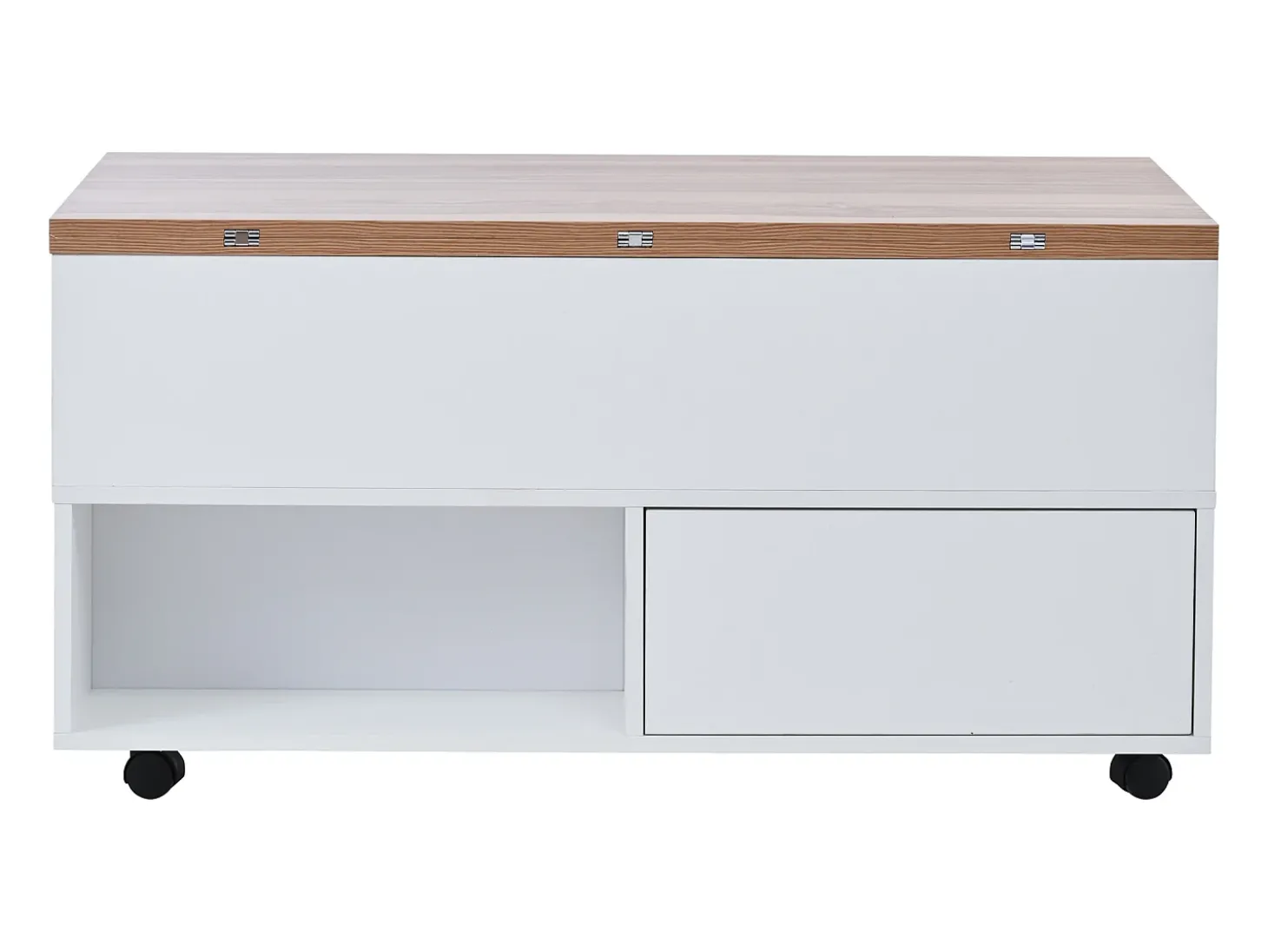 Mesa de centro com tampo elevatório, 4 gavetas e 4 rodízios - Branco + natural