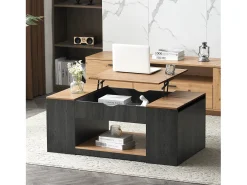 Mesa de centro com tampo elevatório - 109,5 x 59,7 x 43 cm - com prateleira e espaço de armazenamento - Madeira MDF - Cinza e marrom