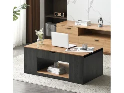 Mesa de centro com tampo elevatório - 109,5 x 59,7 x 43 cm - com prateleira e espaço de armazenamento - Madeira MDF - Cinza e marrom