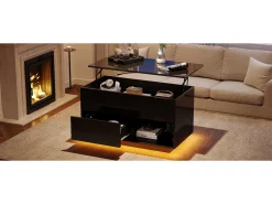 Mesa de centro com tampo elevatório e acabamento laqueado de alto brilho - 100 x 50 x 55 cm - com LEDs + gaveta + prateleira - aglomerado - preta