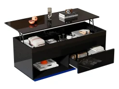 Mesa de centro com tampo elevatório e acabamento laqueado de alto brilho - 100 x 50 x 55 cm - com LEDs + gaveta + prateleira - aglomerado - preta
