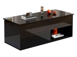 Mesa de centro com tampo elevatório e acabamento laqueado de alto brilho - 100 x 50 x 55 cm - com LEDs + gaveta + prateleira - aglomerado - preta