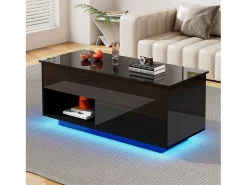 Mesa de centro com tampo elevatório e acabamento laqueado de alto brilho - 100 x 50 x 55 cm - com LEDs + gaveta + prateleira - aglomerado - preta