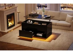 Mesa de centro com tampo elevatório e acabamento laqueado de alto brilho - 100 x 50 x 55 cm - com LEDs + gaveta + prateleira - aglomerado - preta