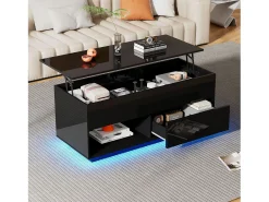 Mesa de centro com tampo elevatório e acabamento laqueado de alto brilho - 100 x 50 x 55 cm - com LEDs + gaveta + prateleira - aglomerado - preta