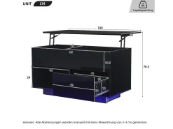 Mesa de centro com tampo elevatório e acabamento laqueado de alto brilho - 100 x 50 x 55 cm - com LEDs + gaveta + prateleira - aglomerado - preta
