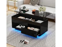 Mesa de centro com tampo elevatório e acabamento laqueado de alto brilho - 100 x 50 x 55 cm - com LEDs + gaveta + prateleira - aglomerado - preta