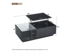 Mesa de centro com tampo elevatório e LED, armazenamento integrado, em laca preta brilhante