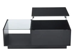 Mesa de centro com tampo elevatório e LED, armazenamento integrado, em laca preta brilhante