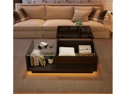 Mesa de centro com tampo elevatório e LED, armazenamento integrado, em laca preta brilhante