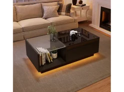 Mesa de centro com tampo elevatório e LED, armazenamento integrado, em laca preta brilhante