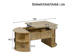 Mesa de centro com tampo elevatório para sala de estar - 100 x 50 x 40,5 cm - com espaço de armazenamento oculto e portas de correr - MDF - cor natural