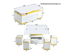 Mesa de centro com tampo elevável, 2 gavetas e 4 bancos com espaço de arrumação - Acabamento brilhante - Branco e amarelo