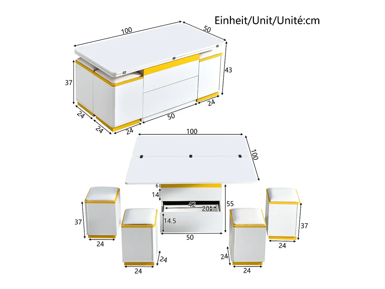 Mesa de centro com tampo elevável, 2 gavetas e 4 bancos com espaço de arrumação - Acabamento brilhante - Branco e amarelo