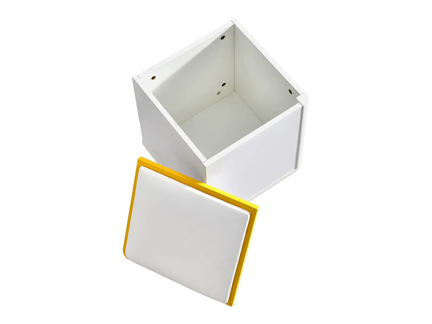 Mesa de centro com tampo elevável, 2 gavetas e 4 bancos com espaço de arrumação - Acabamento brilhante - Branco e amarelo