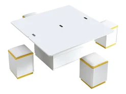 Mesa de centro com tampo elevável, 2 gavetas e 4 bancos com espaço de arrumação - Acabamento brilhante - Branco e amarelo