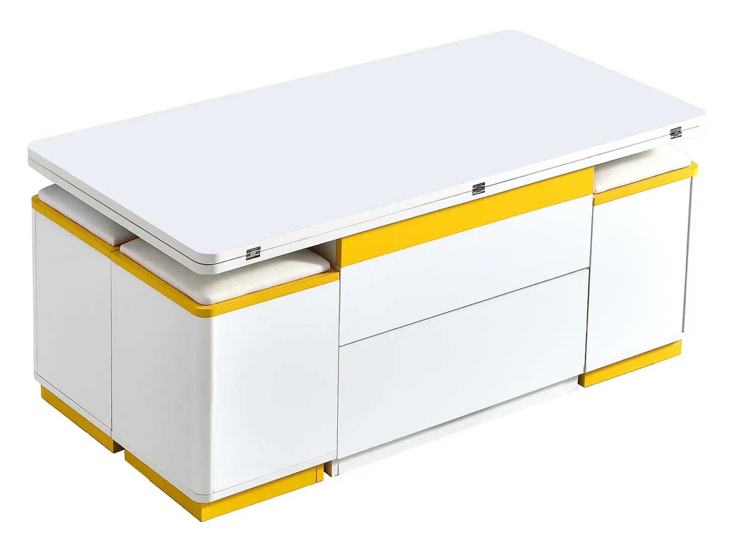 Mesa de centro com tampo elevável, 2 gavetas e 4 bancos com espaço de arrumação - Acabamento brilhante - Branco e amarelo