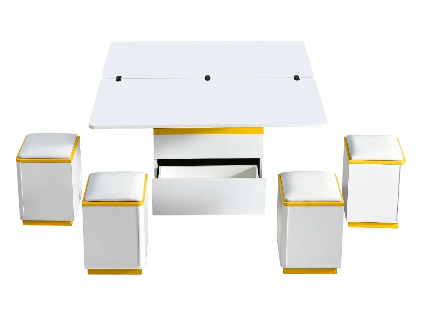 Mesa de centro com tampo elevável, 2 gavetas e 4 bancos com espaço de arrumação - Acabamento brilhante - Branco e amarelo