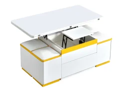 Mesa de centro com tampo elevável, 2 gavetas e 4 bancos com espaço de arrumação - Acabamento brilhante - Branco e amarelo