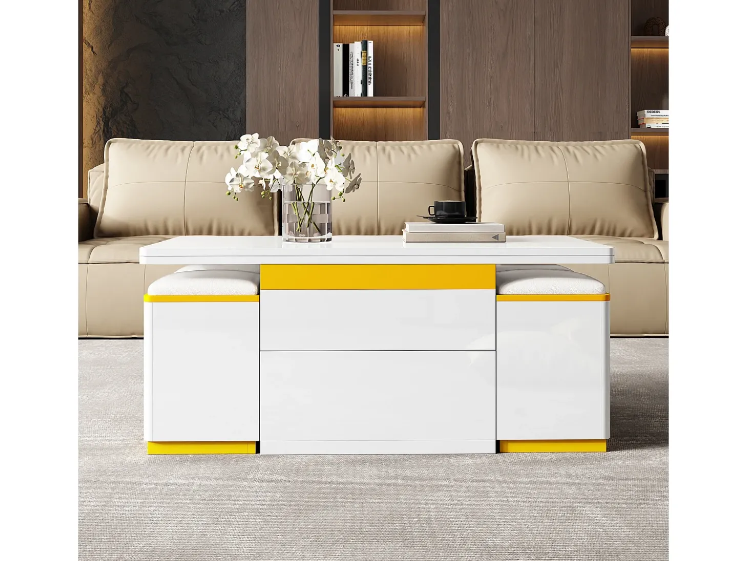 Mesa de centro com tampo elevável, 2 gavetas e 4 bancos com espaço de arrumação - Acabamento brilhante - Branco e amarelo