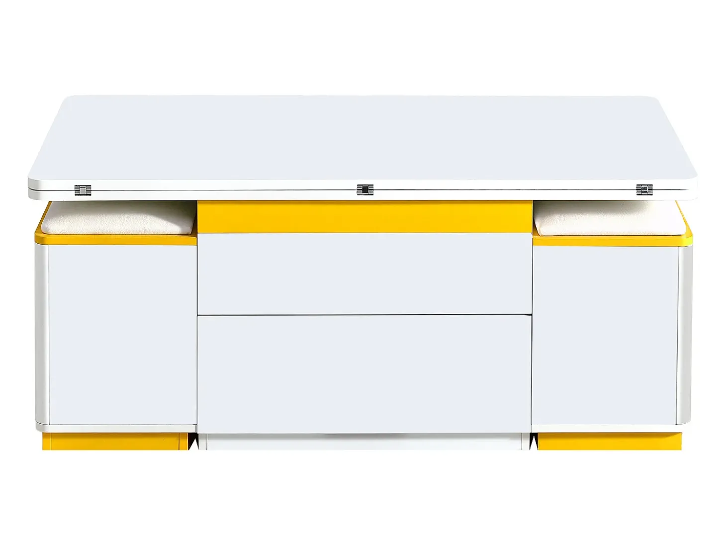 Mesa de centro com tampo elevável, 2 gavetas e 4 bancos com espaço de arrumação - Acabamento brilhante - Branco e amarelo