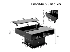 Mesa de centro com tampo elevatório, iluminação LED e gaveta - Acabamento brilhante - Preto