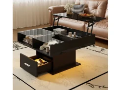 Mesa de centro com tampo elevatório, iluminação LED e gaveta - Acabamento brilhante - Preto