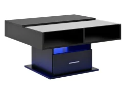Mesa de centro com tampo elevatório, iluminação LED e gaveta - Acabamento brilhante - Preto
