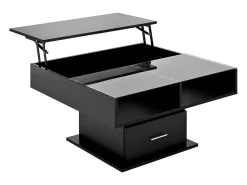 Mesa de centro com tampo elevatório, iluminação LED e gaveta - Acabamento brilhante - Preto