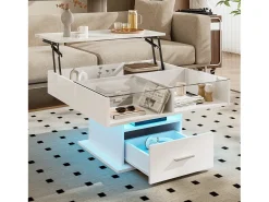 Mesa de centro com tampo elevatório, iluminação LED e gaveta - Acabamento brilhante - Branco