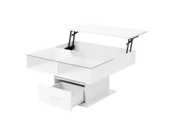 Mesa de centro com tampo elevatório, iluminação LED e gaveta - Acabamento brilhante - Branco