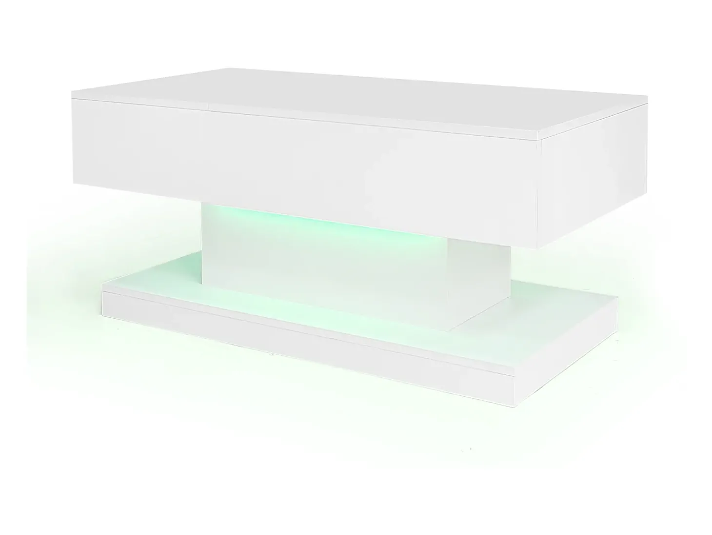 Mesa de centro com tampo elevatório, acabamento brilhante, iluminação LED e espaço de arrumação - Branco