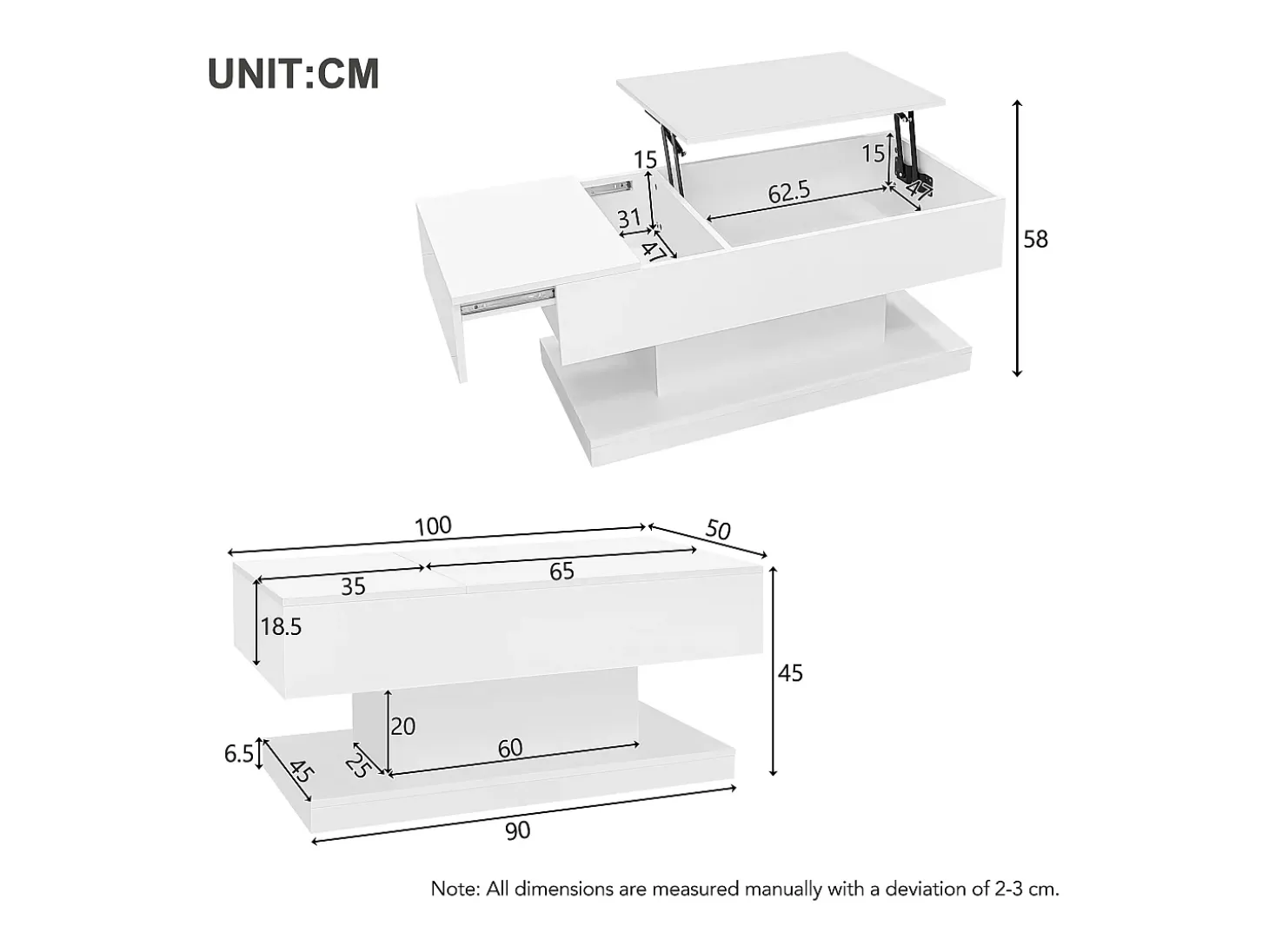 Mesa de centro com tampo elevatório, acabamento brilhante, iluminação LED e espaço de arrumação - Branco